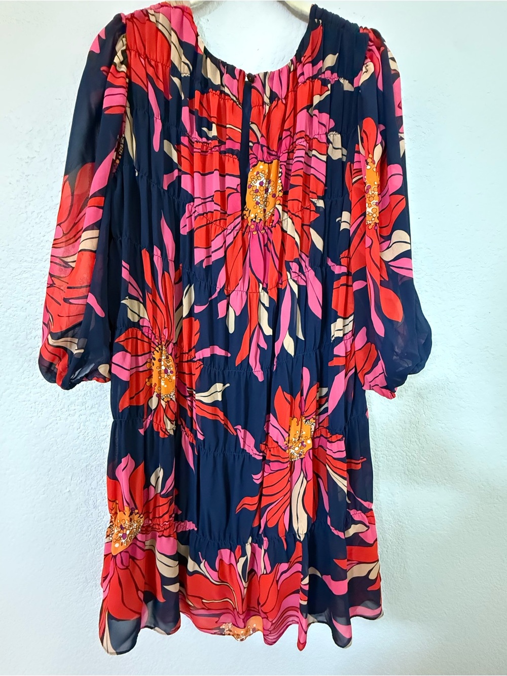 Trina Turk Navy Floral Tiered Balloon Sleeve Mini Dress M